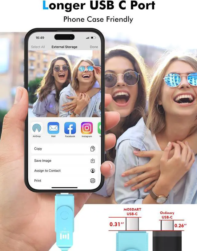 Alt view image 2 of 5 - MOSDART 1TB USB3.1 Fast Speed C and A Dual Flash Drive, exFAT Memory Stick with Keychain and LED Indicator, for iPhone 15 and 16, Android Phone, iPad, MacBook, and Other Laptops, Sky Blue