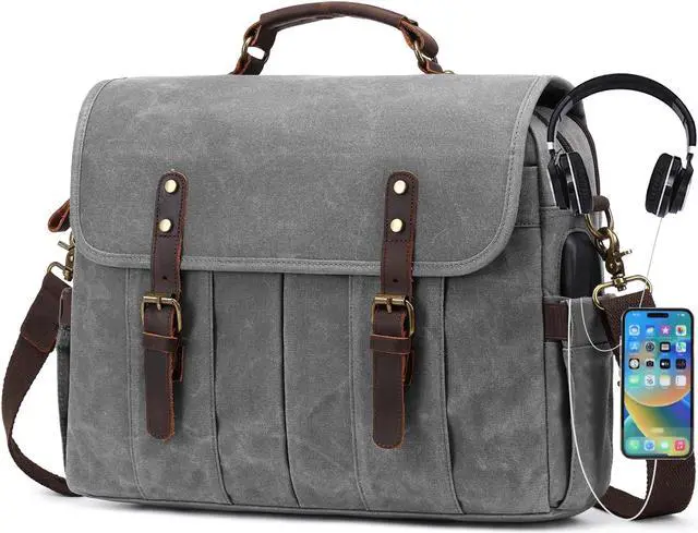 Main image of NerIion Messenger Bag for Men 15.6 Inch Vintage Canvas Genuine Leather Briefcase for Men Laptop Bag Satchel Shoulder Bag(Light Gray)