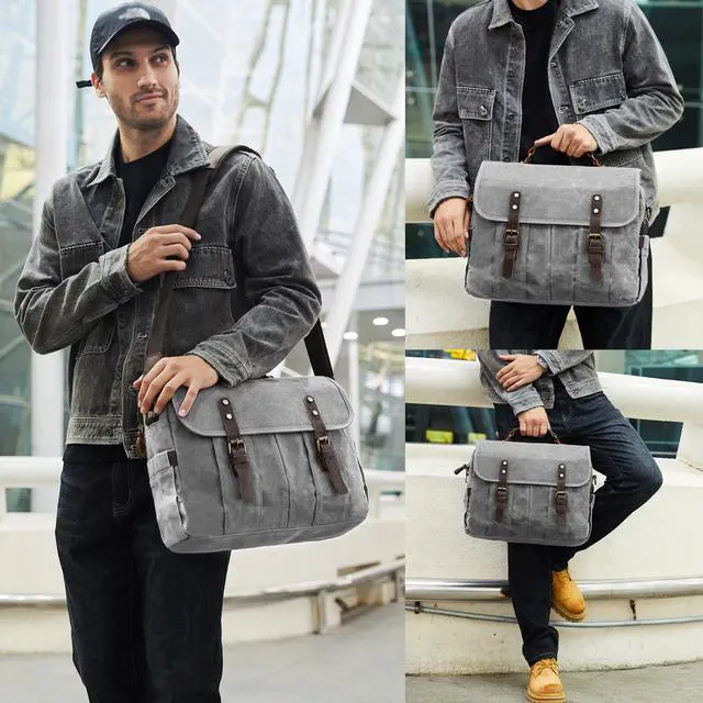 Alt view image 2 of 5 - NerIion Messenger Bag for Men 15.6 Inch Vintage Canvas Genuine Leather Briefcase for Men Laptop Bag Satchel Shoulder Bag(Light Gray)
