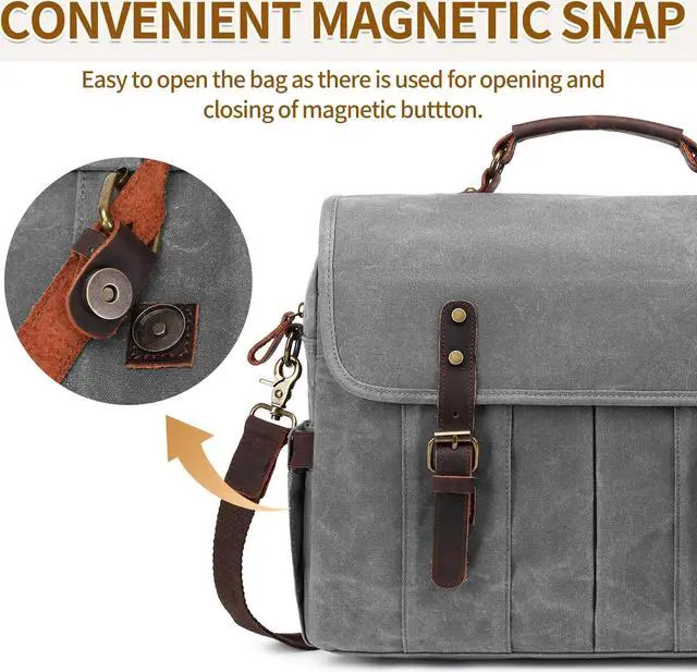 Alt view image 3 of 5 - NerIion Messenger Bag for Men 15.6 Inch Vintage Canvas Genuine Leather Briefcase for Men Laptop Bag Satchel Shoulder Bag(Light Gray)