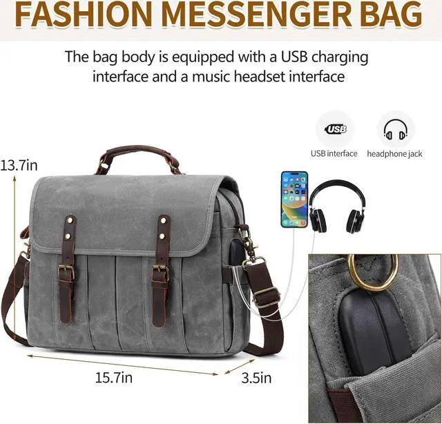 Alt view image 4 of 5 - NerIion Messenger Bag for Men 15.6 Inch Vintage Canvas Genuine Leather Briefcase for Men Laptop Bag Satchel Shoulder Bag(Light Gray)