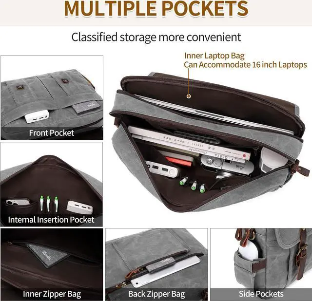 Alt view image 5 of 5 - NerIion Messenger Bag for Men 15.6 Inch Vintage Canvas Genuine Leather Briefcase for Men Laptop Bag Satchel Shoulder Bag(Light Gray)