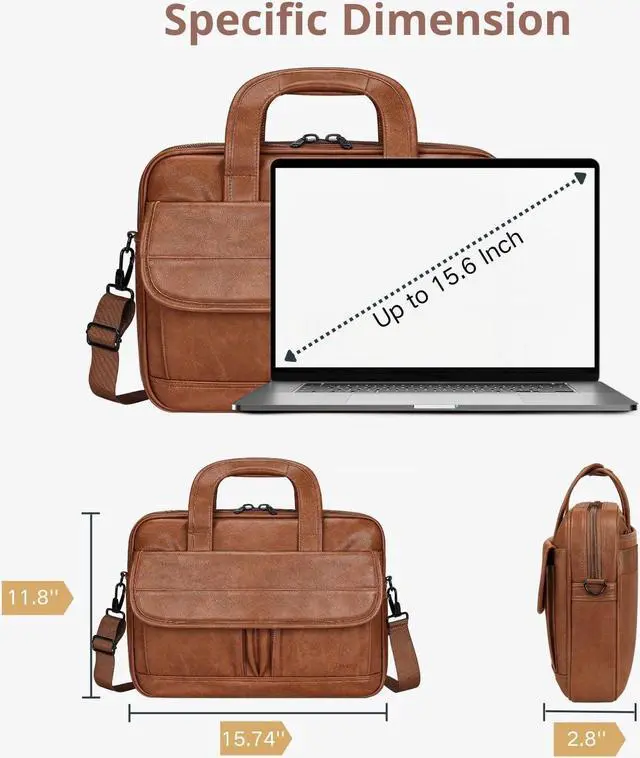 Alt view image 2 of 5 - Taygeer Leather Laptop Bag for Men Women, Premium Laptop Briefcase Fits Up to 15.6 Inch Notebook, Waterproof Portable Shoulder Messenger Crossbody Bag Carry On Case for Travel Business Office, Brown