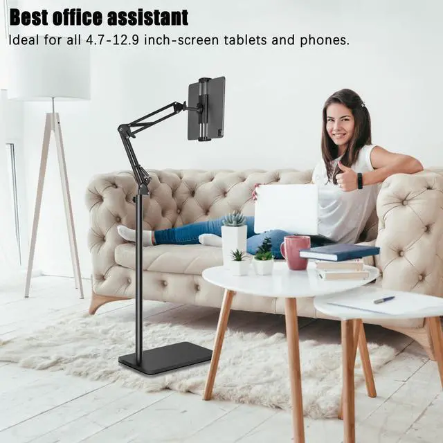 Alt view image 3 of 5 - Tablet Floor Stand with 6.6lb Double Heavy Duty Stable Base Never Tip Over, Adjustable Height Swivel Overhead Bed Tablet Phone Stand Holder for iPad, Kindle, Galaxy Tab, Cell Phones(4.7''-13'')
