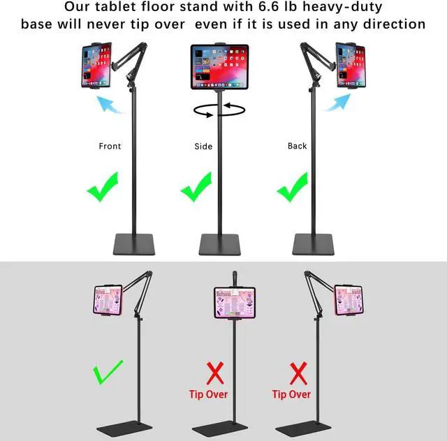 Alt view image 5 of 5 - Tablet Floor Stand with 6.6lb Double Heavy Duty Stable Base Never Tip Over, Adjustable Height Swivel Overhead Bed Tablet Phone Stand Holder for iPad, Kindle, Galaxy Tab, Cell Phones(4.7''-13'')