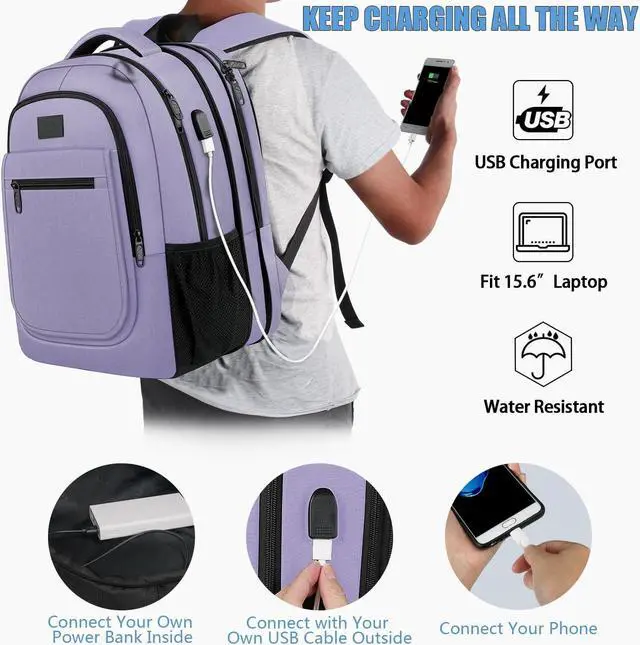 Alt view image 4 of 5 - MATEIN Travel Backpack for Women, Expandable 15.6 inch Laptop Backpack with USB Charging Port, Large Anti Theft Business Computer Bag Water Resistant College Computer Bag Gift for Women Men, Purple