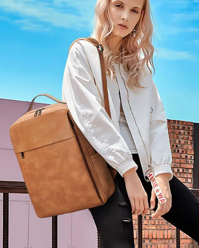 Alt view image 2 of 5 - MASINTOR 15.6 inch PU Leather Laptop Backpack Purse for Women, Large College Casual Backpack Travel Bag Retro Camel