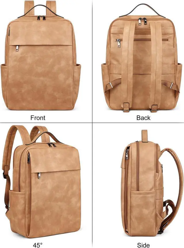 Alt view image 4 of 5 - MASINTOR 15.6 inch PU Leather Laptop Backpack Purse for Women, Large College Casual Backpack Travel Bag Retro Camel