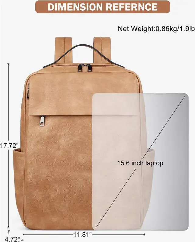 Alt view image 5 of 5 - MASINTOR 15.6 inch PU Leather Laptop Backpack Purse for Women, Large College Casual Backpack Travel Bag Retro Camel