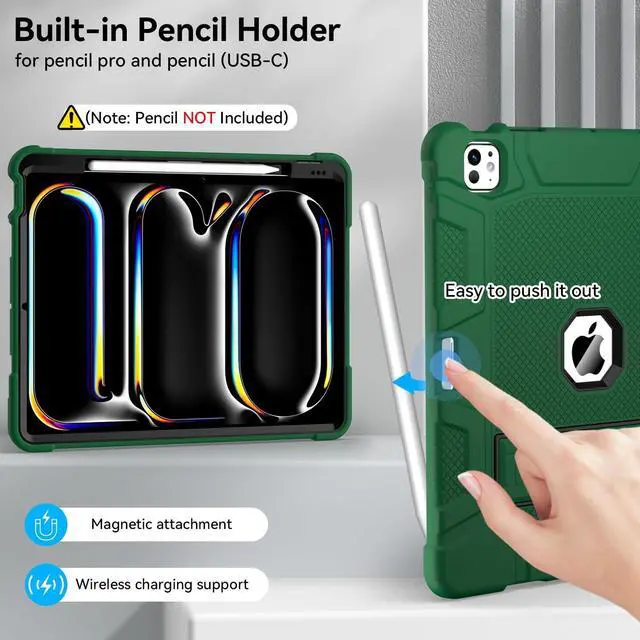 Alt view image 4 of 5 - MARIWIVI iPad Pro 13 Case 2024 with Pencil Holder, Built-in Stand, Shockproof Protective Cover for iPad Pro 13 inch 2024 (Alpine Green)