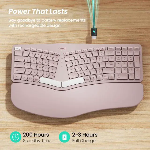 Alt view image 3 of 5 - Nulea RT05 Wireless Ergonomic Keyboard, Split Keyboard with Wrist Rest, USB-C Charging, 7-Color Backlight, Natural Typing, Bluetooth and USB Connectivity, Compatible with Windows,Mac(Pink)