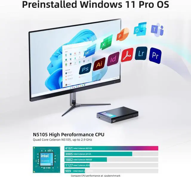 Alt view image 3 of 5 - MeLE Quieter3Q Fanless Mini PC 8GB DDR4 256GB ROM Tiny Desktop PC Celeron N5105(up to 2.9GHz) Micro Computer Dual HDMI 4K@60, VESA Mount, Gigabit Ethernet 2.4G&5G WiFi for Home/Office