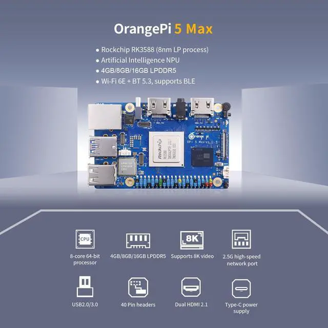 Alt view image 3 of 5 - Orange Pi 5 Max 8GB LPDDR5 Rockchip RK3588 8-Core 64-Bit Single Board Computer with eMMC Socket, Wi-Fi 6E/Bluetooth 5.3/BLE, Development Board Run Linux/Ubuntu/Debian/Android(5 Max 8GB+Power Supply)