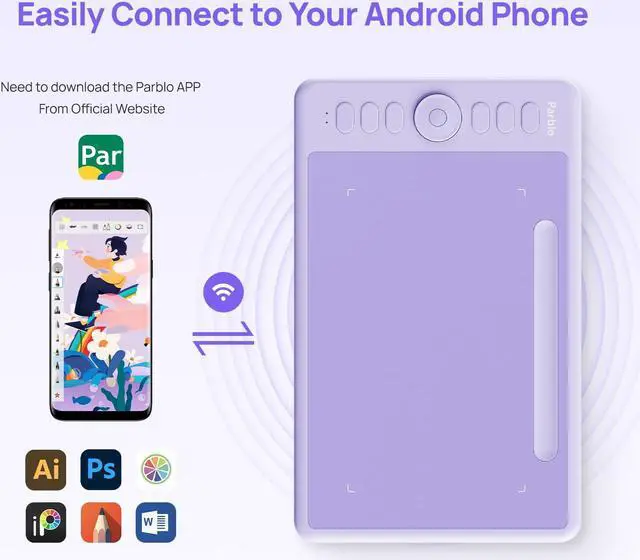 Alt view image 3 of 5 - Parblo Intangbo SW Wireless Drawing Tablet,7x4 inch,6 Customized Keys, Digital Graphics Tablets with 16384 Pressure Levels, S01 Battery-Free Stylus Compatible with Windows/Mac/Android-Purple