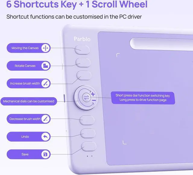Alt view image 5 of 5 - Parblo Intangbo SW Wireless Drawing Tablet,7x4 inch,6 Customized Keys, Digital Graphics Tablets with 16384 Pressure Levels, S01 Battery-Free Stylus Compatible with Windows/Mac/Android-Purple