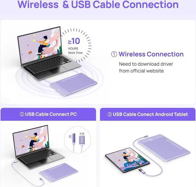 Alt view image 2 of 5 - Parblo Intangbo SW Wireless Drawing Tablet,7x4 inch,6 Customized Keys, Digital Graphics Tablets with 16384 Pressure Levels, S01 Battery-Free Stylus Compatible with Windows/Mac/Android-Purple
