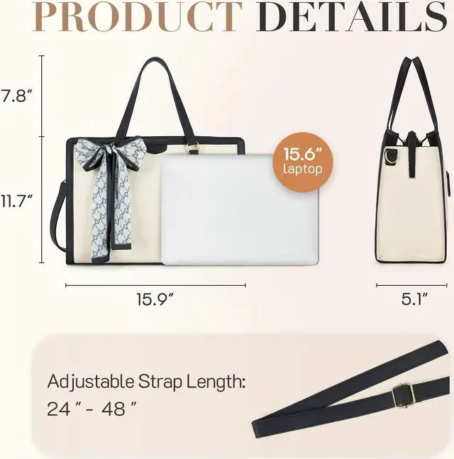 Alt view image 4 of 5 - Missnine Laptop Bag for Women 15.6 Inch Laptop Tote Bag Briefcase Handbag 3-Layer Compartments Beige Work Purse for Office, Travel