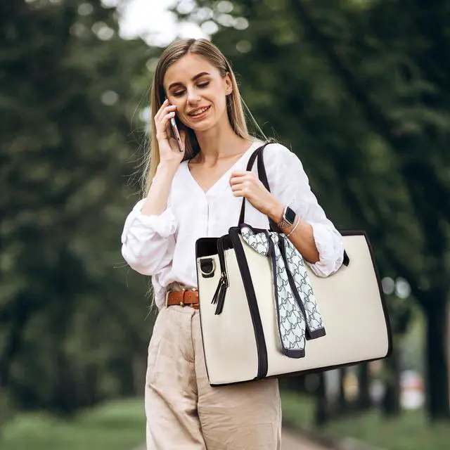 Alt view image 2 of 5 - Missnine Laptop Bag for Women 15.6 Inch Laptop Tote Bag Briefcase Handbag 3-Layer Compartments Beige Work Purse for Office, Travel