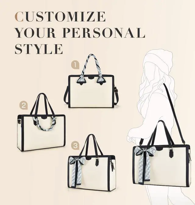 Alt view image 5 of 5 - Missnine Laptop Bag for Women 15.6 Inch Laptop Tote Bag Briefcase Handbag 3-Layer Compartments Beige Work Purse for Office, Travel