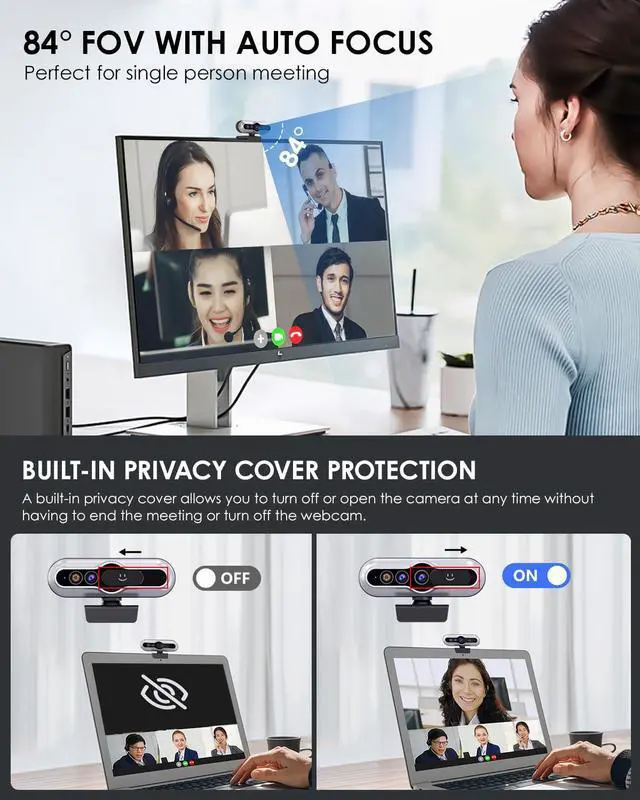 Alt view image 4 of 5 - MOERTEK Face Recognition Webcam, 2K HD Windows Hello Webcam with Noise-reducing Mic, Privacy Cover, 84degFOV, Plug and Play, Works for Skype, Zoom, FaceTime, Idea for Business Meeting, Online Calling