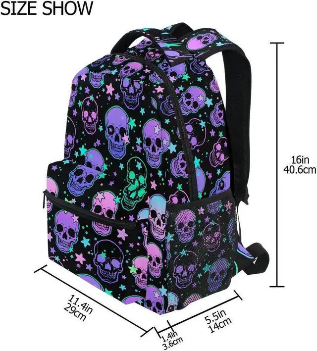 Alt view image 2 of 5 - MNSRUU Student School Bag Stars Purple Skulls Backpack for Girls Boys College Bookbag Laptop Rucksack Travel Backpack for Adult Teen Casual Daypack