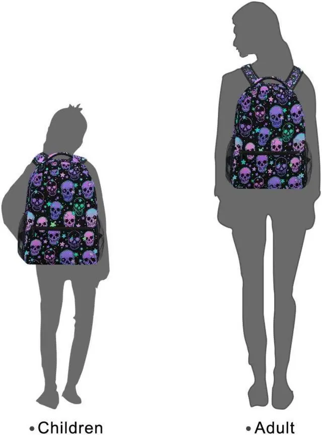 Alt view image 3 of 5 - MNSRUU Student School Bag Stars Purple Skulls Backpack for Girls Boys College Bookbag Laptop Rucksack Travel Backpack for Adult Teen Casual Daypack