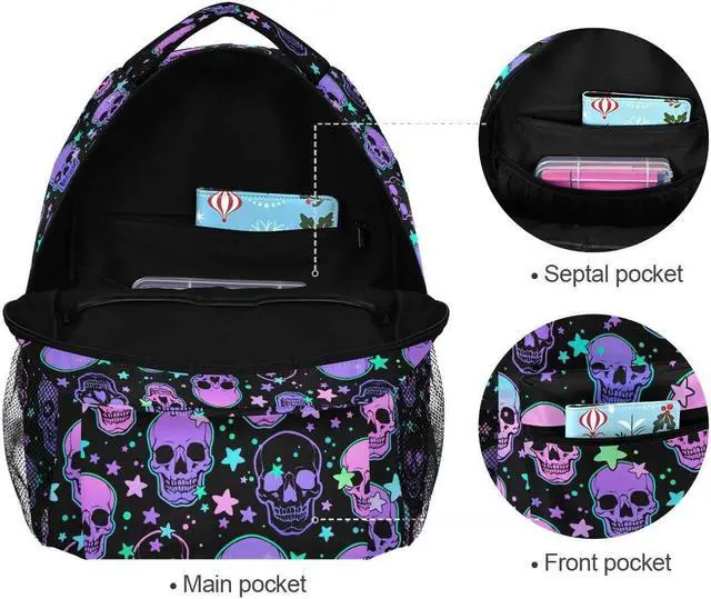 Alt view image 4 of 5 - MNSRUU Student School Bag Stars Purple Skulls Backpack for Girls Boys College Bookbag Laptop Rucksack Travel Backpack for Adult Teen Casual Daypack