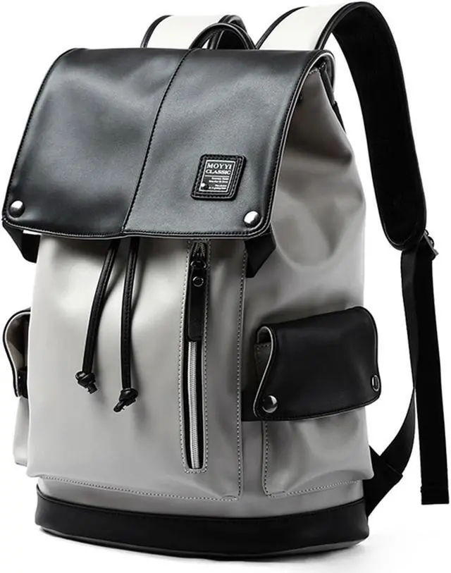 Main image of MOYYI Leather Laptop Backpack for Men Vintage Backpack Fits 15.6" Laptop Waterproof Drawstring Backpack for Travel Daily Business White