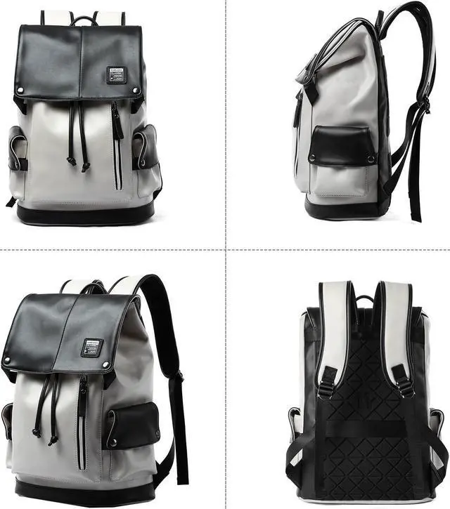Alt view image 2 of 5 - MOYYI Leather Laptop Backpack for Men Vintage Backpack Fits 15.6" Laptop Waterproof Drawstring Backpack for Travel Daily Business White