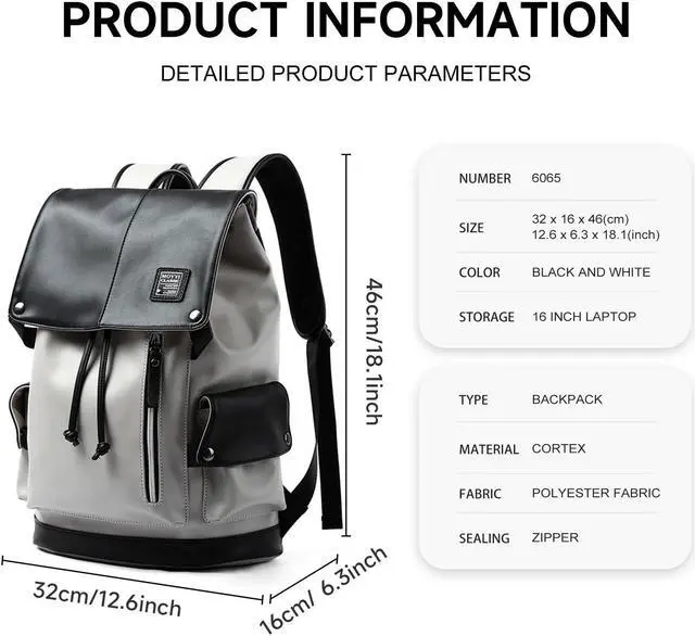 Alt view image 3 of 5 - MOYYI Leather Laptop Backpack for Men Vintage Backpack Fits 15.6" Laptop Waterproof Drawstring Backpack for Travel Daily Business White