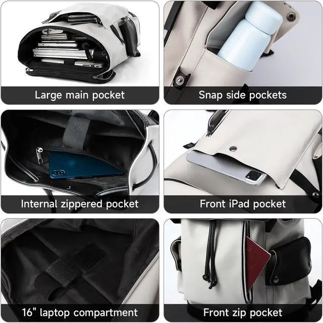 Alt view image 4 of 5 - MOYYI Leather Laptop Backpack for Men Vintage Backpack Fits 15.6" Laptop Waterproof Drawstring Backpack for Travel Daily Business White