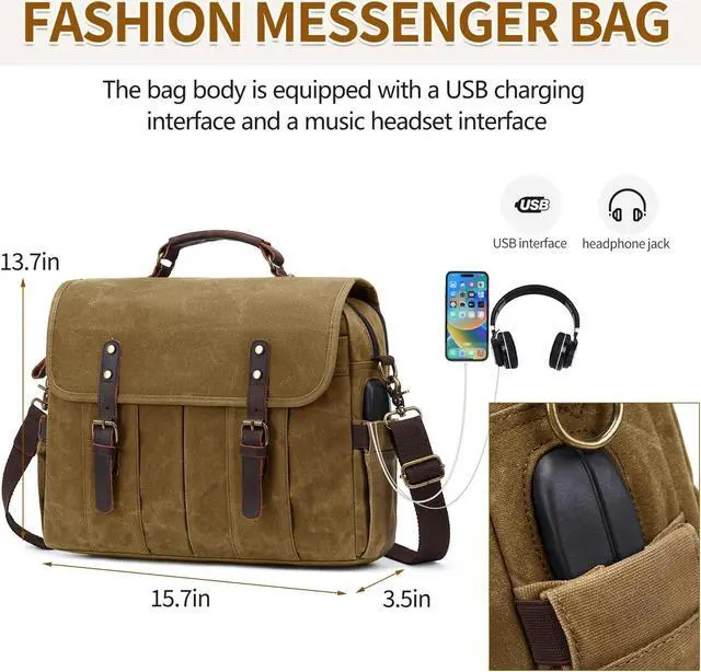 Alt view image 4 of 5 - NerIion Messenger Bag for Men 15.6 Inch Vintage Canvas Genuine Leather Briefcase for Men Laptop Bag Satchel Shoulder Bag(Khaki)