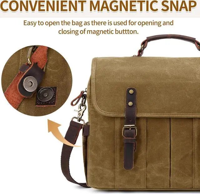 Alt view image 3 of 5 - NerIion Messenger Bag for Men 15.6 Inch Vintage Canvas Genuine Leather Briefcase for Men Laptop Bag Satchel Shoulder Bag(Khaki)