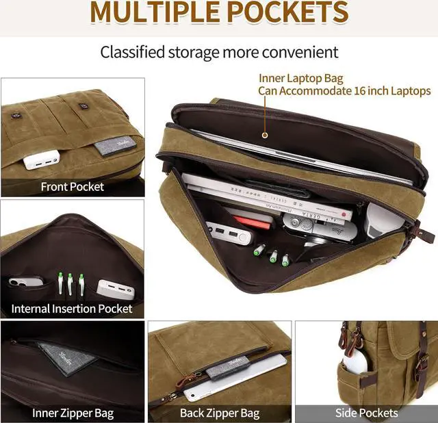 Alt view image 5 of 5 - NerIion Messenger Bag for Men 15.6 Inch Vintage Canvas Genuine Leather Briefcase for Men Laptop Bag Satchel Shoulder Bag(Khaki)