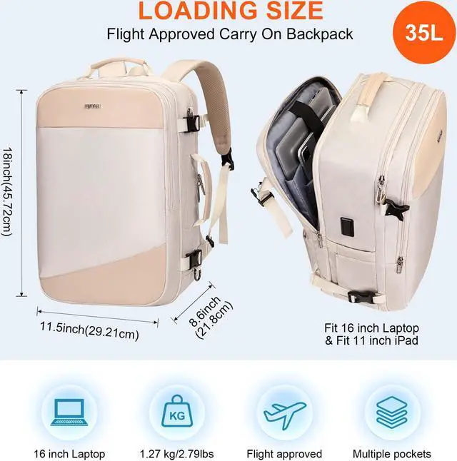Alt view image 5 of 5 - PIJUSHI Carry on Travel Backpack for Women Large Flight Approved Personal Item Bag with USB Port Fits 16 Inch Laptop(PE035 Beige)