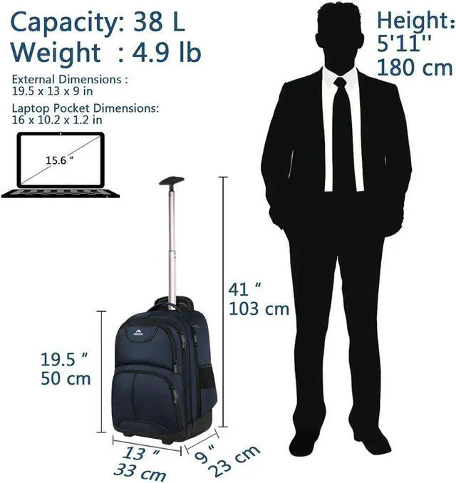 Alt view image 2 of 5 - MATEIN Backpack with Wheels, Travel-Friendly Rolling Laptop Backpack for Men Women, Freewheel Carry on Luggage Business Bag, Compact College Trolley Suitcase Computer Bag fit 17 inch Notebook, Blue