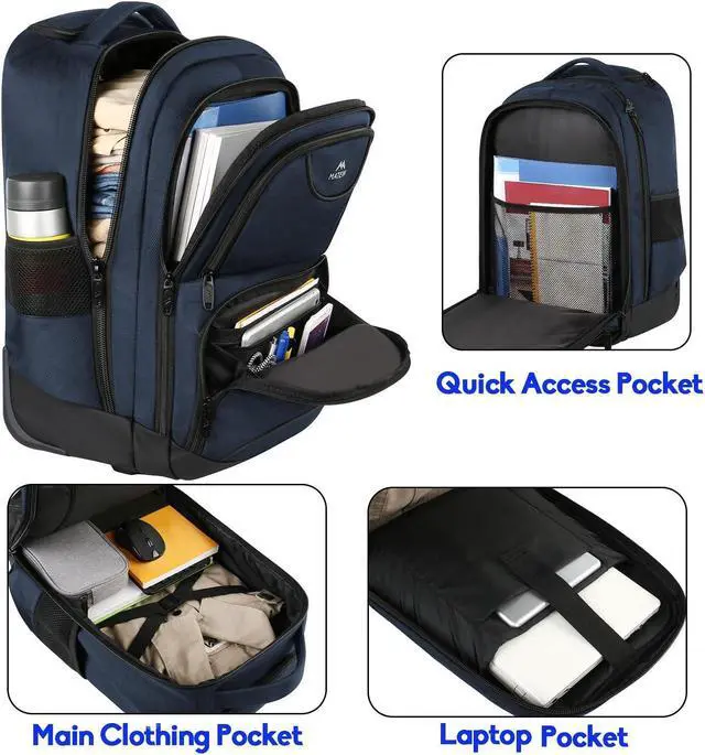 Alt view image 3 of 5 - MATEIN Backpack with Wheels, Travel-Friendly Rolling Laptop Backpack for Men Women, Freewheel Carry on Luggage Business Bag, Compact College Trolley Suitcase Computer Bag fit 17 inch Notebook, Blue