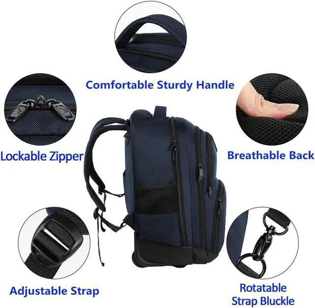 Alt view image 5 of 5 - MATEIN Backpack with Wheels, Travel-Friendly Rolling Laptop Backpack for Men Women, Freewheel Carry on Luggage Business Bag, Compact College Trolley Suitcase Computer Bag fit 17 inch Notebook, Blue