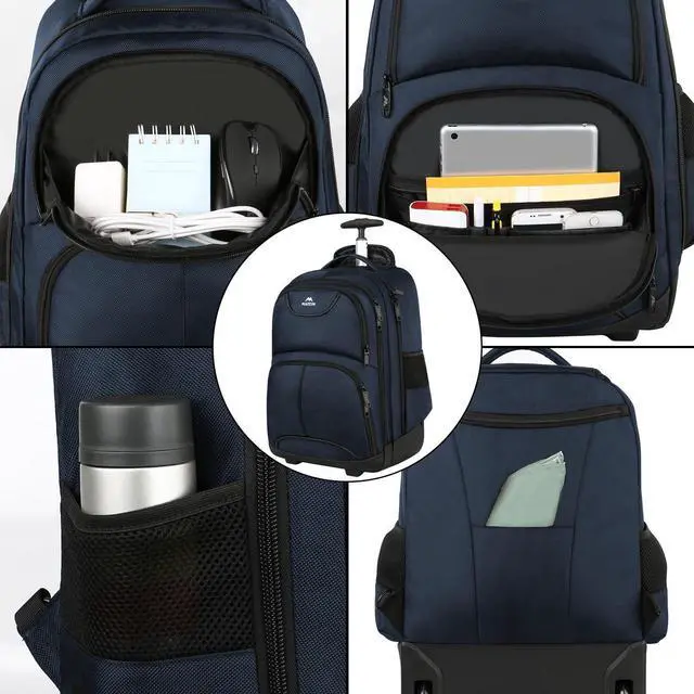 Alt view image 4 of 5 - MATEIN Backpack with Wheels, Travel-Friendly Rolling Laptop Backpack for Men Women, Freewheel Carry on Luggage Business Bag, Compact College Trolley Suitcase Computer Bag fit 17 inch Notebook, Blue