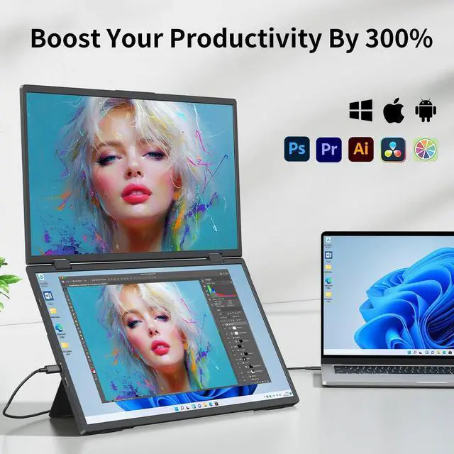 Alt view image 3 of 5 - Laptop Screen Extender,15.6" Dual Monitors (Wins/Mac) Folding Stacked Portable Dual Monitor, USB C Travel Extended Computer Display with Triple Portable Monitor for Laptop PC Windows Mac