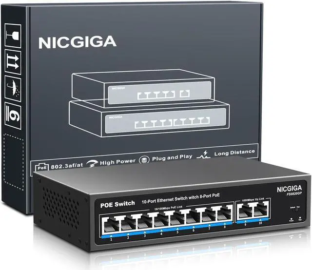 Main image of 8 Port PoE Switch with 8 Ports 100Mbps PoE+@120W + 2 * Gigabit Uplink Port, NICGIGA 10 Port 802.3af/at Power Over Ethernet Network Switch Unmanaged, VLAN and 250m Extender Mode, Fanless.