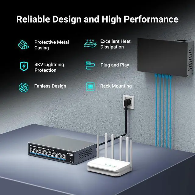Alt view image 3 of 5 - 8 Port PoE Switch with 8 Ports 100Mbps PoE+@120W + 2 * Gigabit Uplink Port, NICGIGA 10 Port 802.3af/at Power Over Ethernet Network Switch Unmanaged, VLAN and 250m Extender Mode, Fanless.
