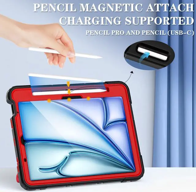 Alt view image 2 of 5 - Case for iPad Air 11 Inch Case M2 / M3 (2024/2025) iPad Air 5th/4th Generaton 10.9 Inch (2022/2020) 6th Generation 2024 Cover for Kids with Pen Holder Screen Protector Thickned Cornor, Black Red