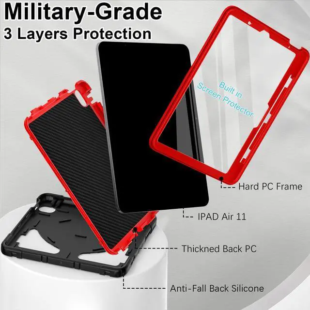 Alt view image 4 of 5 - Case for iPad Air 11 Inch Case M2 / M3 (2024/2025) iPad Air 5th/4th Generaton 10.9 Inch (2022/2020) 6th Generation 2024 Cover for Kids with Pen Holder Screen Protector Thickned Cornor, Black Red