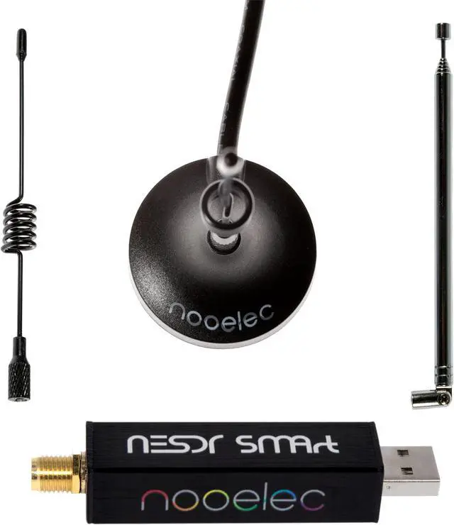 Main image of Nooelec RTL-SDR v5 Bundle - NESDR Smart HF/VHF/UHF (100kHz-1.75GHz) Software Defined Radio. Premium RTLSDR w/ 0.5PPM TCXO, SMA Input, Aluminum Enclosure & 3 Antennas. RTL2832U & R820T2-Based Radio