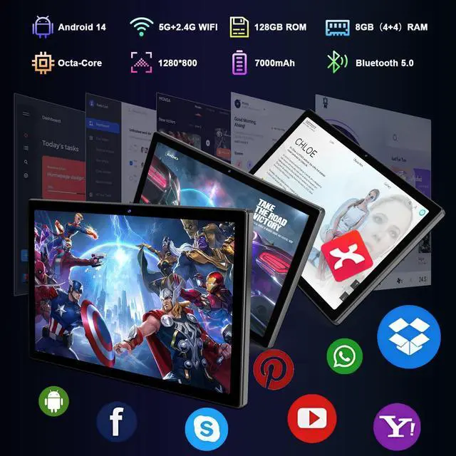 Alt view image 2 of 5 - 2025 Latest Android 14 Tablet 10.1 Inch Screen, 128GB ROM + 8GB RAM(4+4 Virtual) Storage Tablet Octa-Core Processor, 5G WiFi Tablet with 7000mAh Battery, 1280*800 HD Display Bluetooth/GPS/13MP Camera
