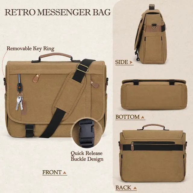 Alt view image 5 of 5 - RAINSMORE Messenger Bag for Men 17-17.3 Inch Laptop Bag Water-resistant Canvas Computer Shoulder Bag Office Work Briefcase Large Casual Satchel Bags for Men Bookbag for College, Khaki