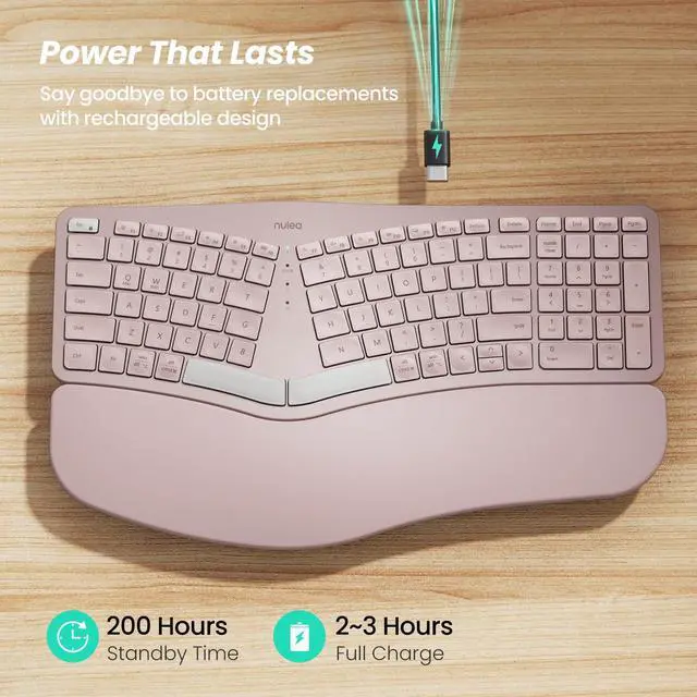 Alt view image 3 of 5 - Nulea Wireless Ergonomic Keyboard, Split Keyboard with Cushioned Wrist Rest, Bluetooth and USB Connectivity, USB-C Rechargeable, Compatible with Windows Mac (Grey Pink)