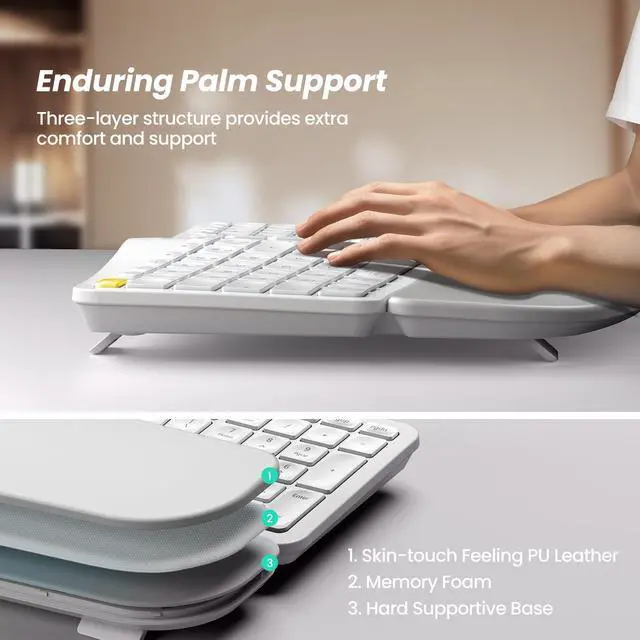 Alt view image 3 of 5 - Nulea KM75 Advanced Ergonomic Wireless Keyboard and Mouse Combo, Comfortable Natural Typing, Palm Rest, Multi-Device (Bluetooth, 2.4G, Wired), Rechargeable, for Multi-OS, Windows, Mac, Android(Yellow)