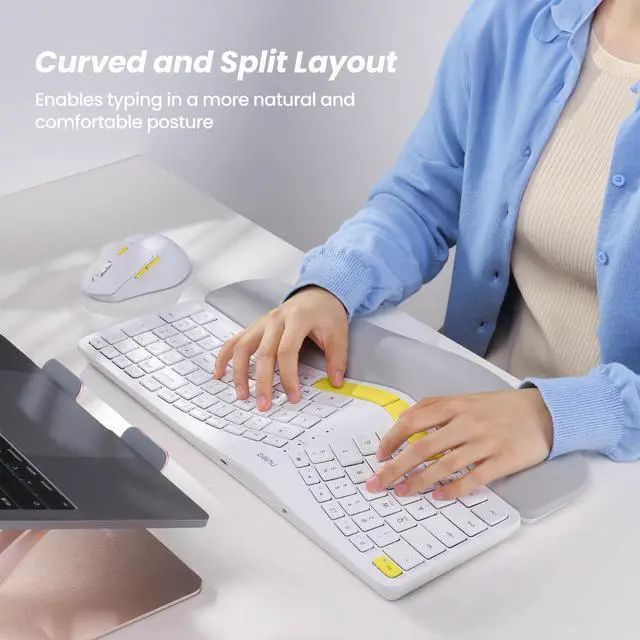 Alt view image 2 of 5 - Nulea KM75 Advanced Ergonomic Wireless Keyboard and Mouse Combo, Comfortable Natural Typing, Palm Rest, Multi-Device (Bluetooth, 2.4G, Wired), Rechargeable, for Multi-OS, Windows, Mac, Android(Yellow)
